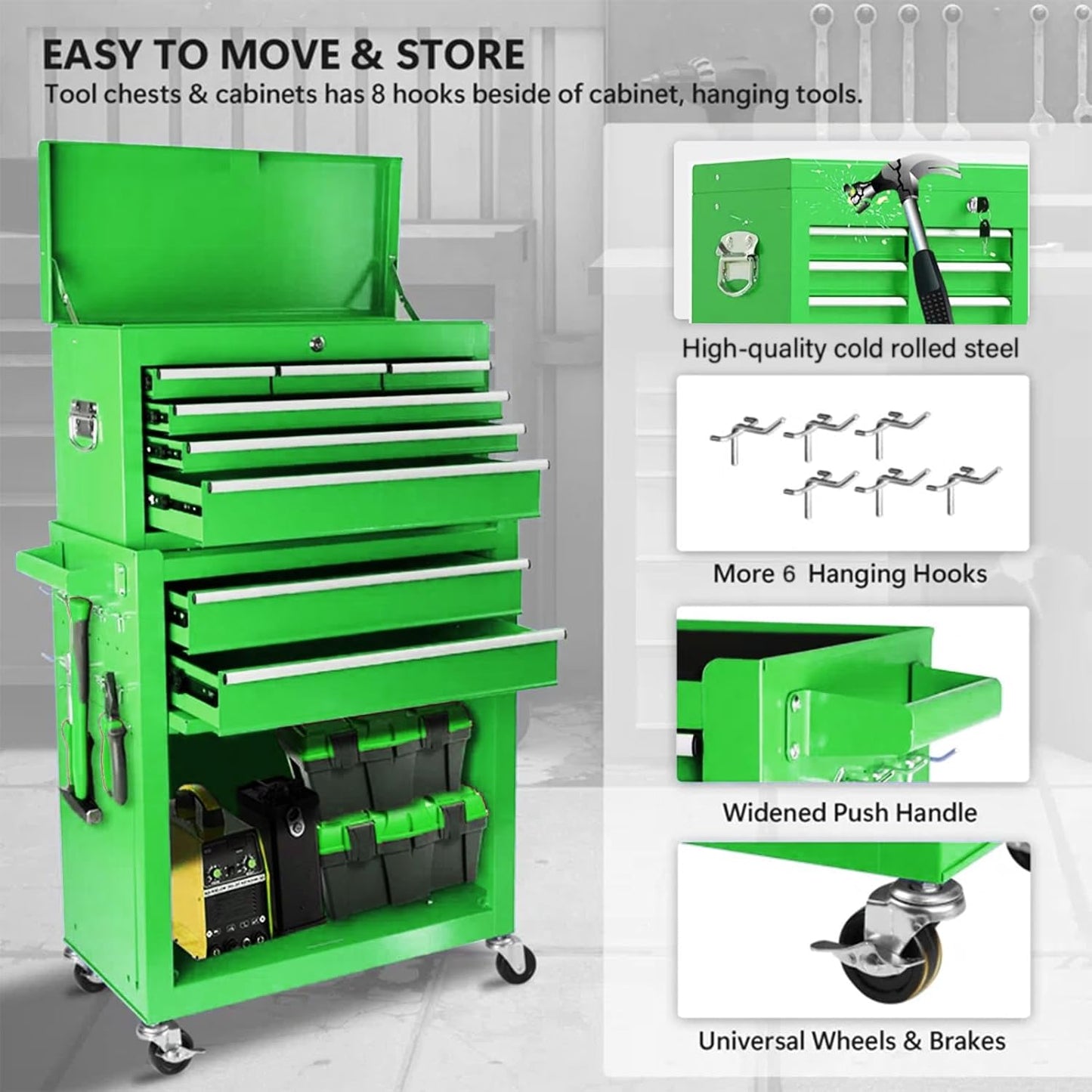 8-Drawer Rolling Tool Chest - 2-in-1 Lockable Tool Box With Wheels, Sliding Drawers & Detachable Top - Garage & Workshop Storage Cabinet, Green