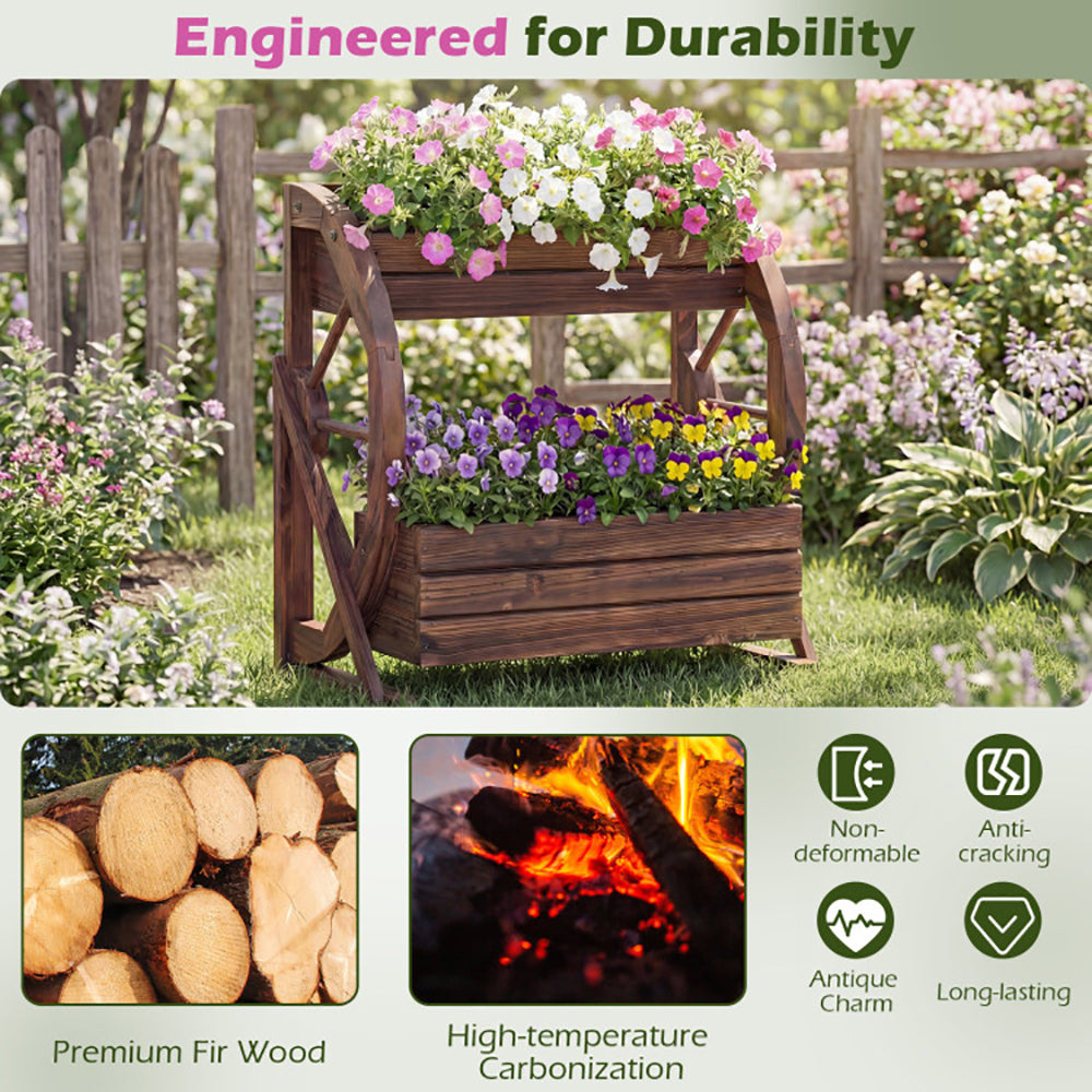 2-tier Raised Garden Bed Rustic Wood Wagon Planter With Drainage Holes And Semi-wheels For Growing Flowers Or Displaying Potted