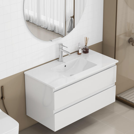 36-inch Bathroom Vanity With Sink Combo,Cabinet With 2 Big Drawers,Soft Close System,2 Big Drawers,Handle-Free Design,Easy Assemble,Glossy White