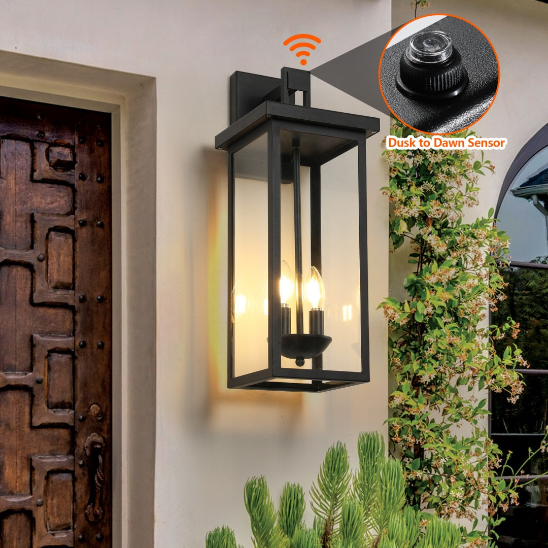 2-Pack 22.0  Outdoor Wall Lantern With Dusk To Dawn Sensor, Matte Black Finish, Clear Glass Panels, Weatherproof Exterior Light For Porch, Patio, Garage, 2-Light Design -Bulb Not Included