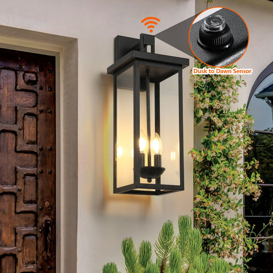 2-Pack 22.0  Outdoor Wall Lantern With Dusk To Dawn Sensor, Matte Black Finish, Clear Glass Panels, Weatherproof Exterior Light For Porch, Patio, Garage, 2-Light Design -Bulb Not Included