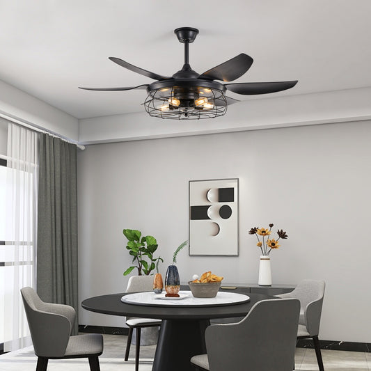 52 Modern Black Ceiling Fan With Light, 6 Fan Blades And Industrial Cage Design, Adjustable Speed For Living Room, Bedroom, Dining Room  Silent 6-Speed Reversible DC Motor  Bulb Not Included