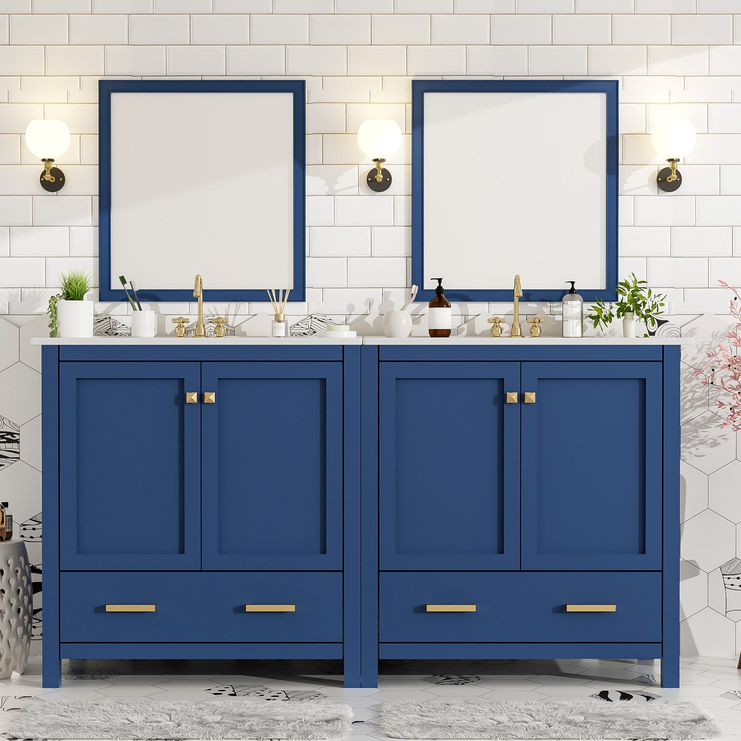 60  Blue Bathroom Vanity Set With Double Vanities  Separate , Double Ceramic Sinks, Storage Shelf, And Divided Drawers   Mirror Not Included  Modern Bathroom Solution For Spacious Bathrooms