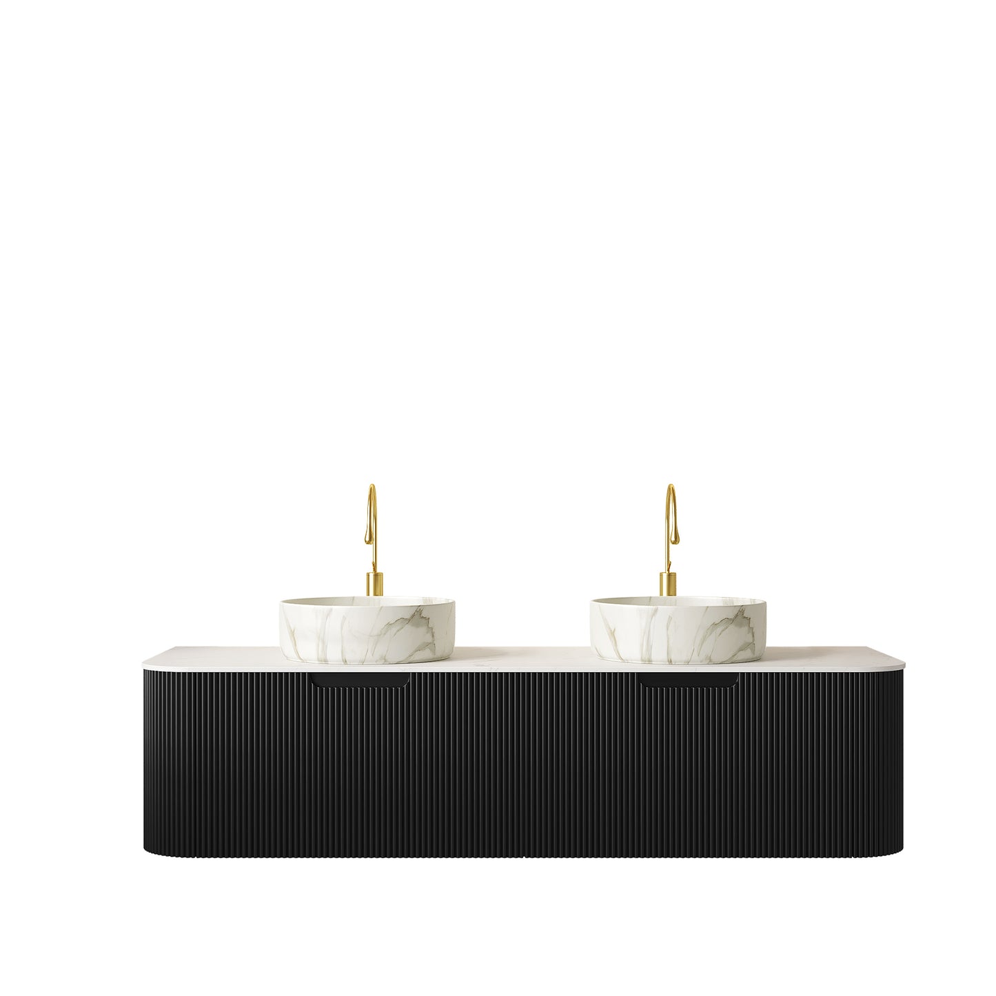 DINA 60  Bathroom Vanity&Sinks, Floating Curved Edges Striped Storage Cabinet With 2 Drawers, 2 Matte Stone White Round Ceramic Basins&Carrara White Sintered Stone Top, Pre-assembled, Black Color