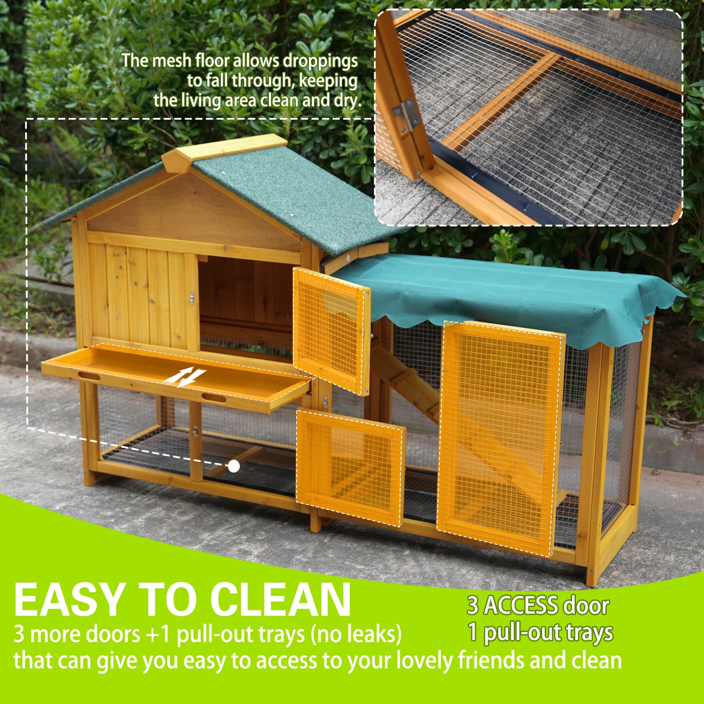 Rabbit Hutch, Indoor Bunny Cage, Outdoor Rabbit Cages With Run, Pet House With Deeper No Leak Tray, UV Panel, Removable Bottom Wire Mesh For Small Animals,Removable Waterproof And Sun Protection Cover