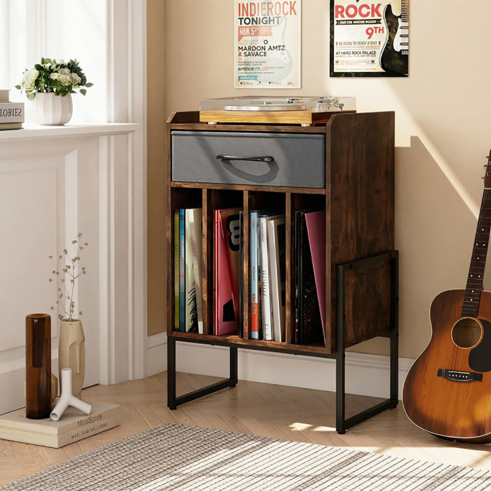 Record Player Stand With Drawer And Record Holder For Music Room, Living Room And Study