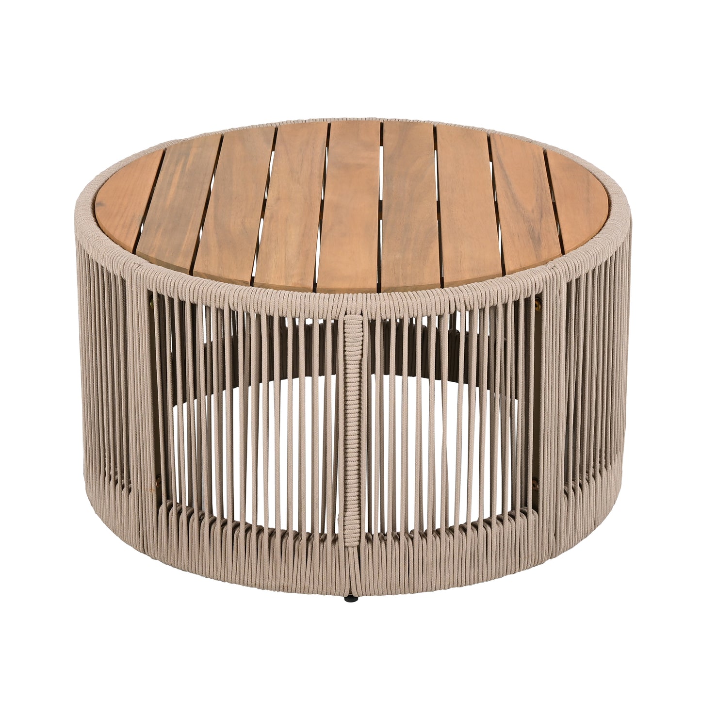 Outdoor Rattan Rope & Acacia Wood Coffee Table - Patio Balcony Furniture For Garden, Yard, Balcony - Weather Resistant Rope Beige, Natural Iron