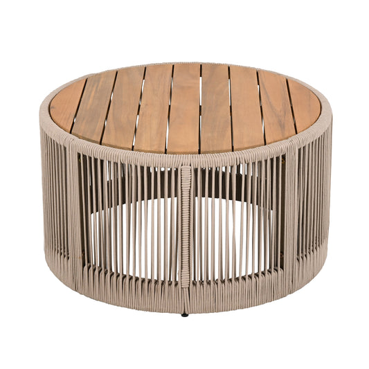 Outdoor Rattan Rope & Acacia Wood Coffee Table - Patio Balcony Furniture For Garden, Yard, Balcony - Weather Resistant Rope Beige, Natural Iron