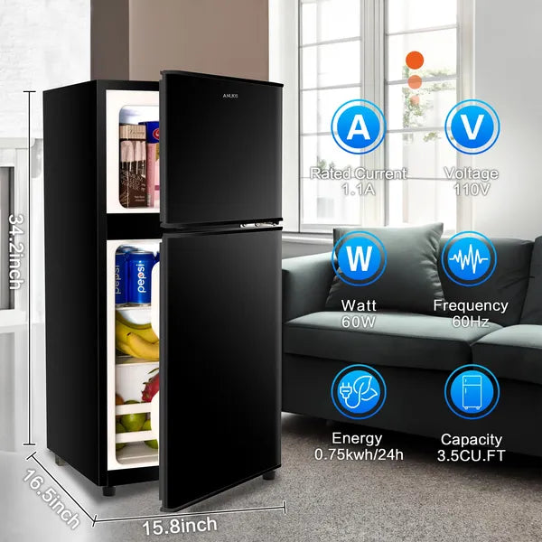 KRIB BLING 3.5Cu.Ft Compact Refrigerator Mini Fridge With Freezer, Small Refrigerator With 2 Door, 7 Level Thermostat Removable Shelves For Kitchen, Dorm, Apartment, Bar, Office, Silver/Black/Blue