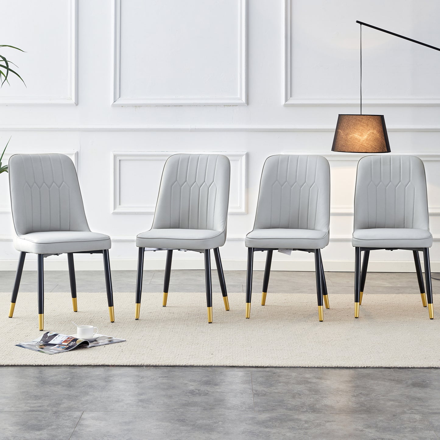 Modern Dining Chairs Are Equipped With Light Gray PU Artificial Leather Backrest Cushions And Black Metal Legs, Suitable For Restaurants,kitchens,and Bedrooms.Set Of 4pieces  Light Gray PU