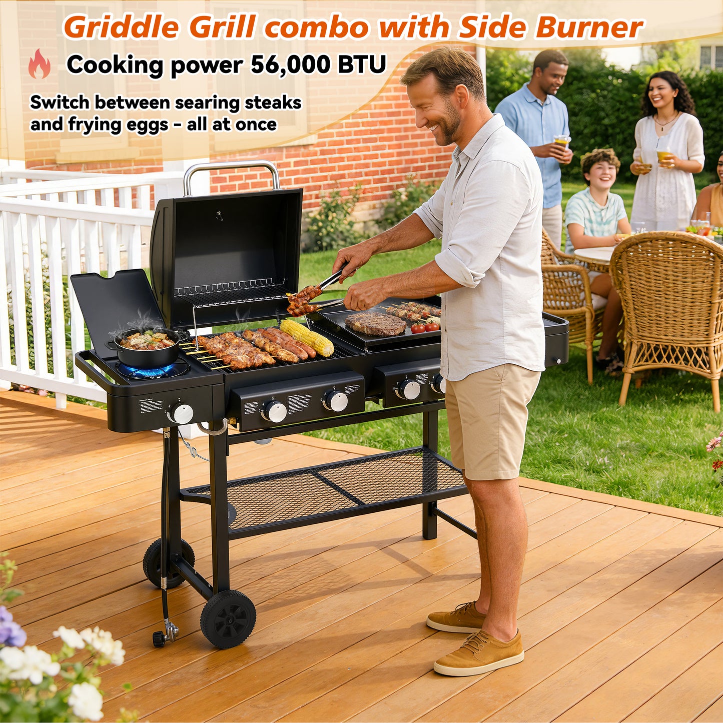All-in-One Propane Gas Grill With Grilling & Griddling Functions, 745 Sq.Inch Cooking Space, 5 Burners, 56000 BTU Propane Grill,  Heavy-Duty Stand For Barbecue & Outdoor Cooking