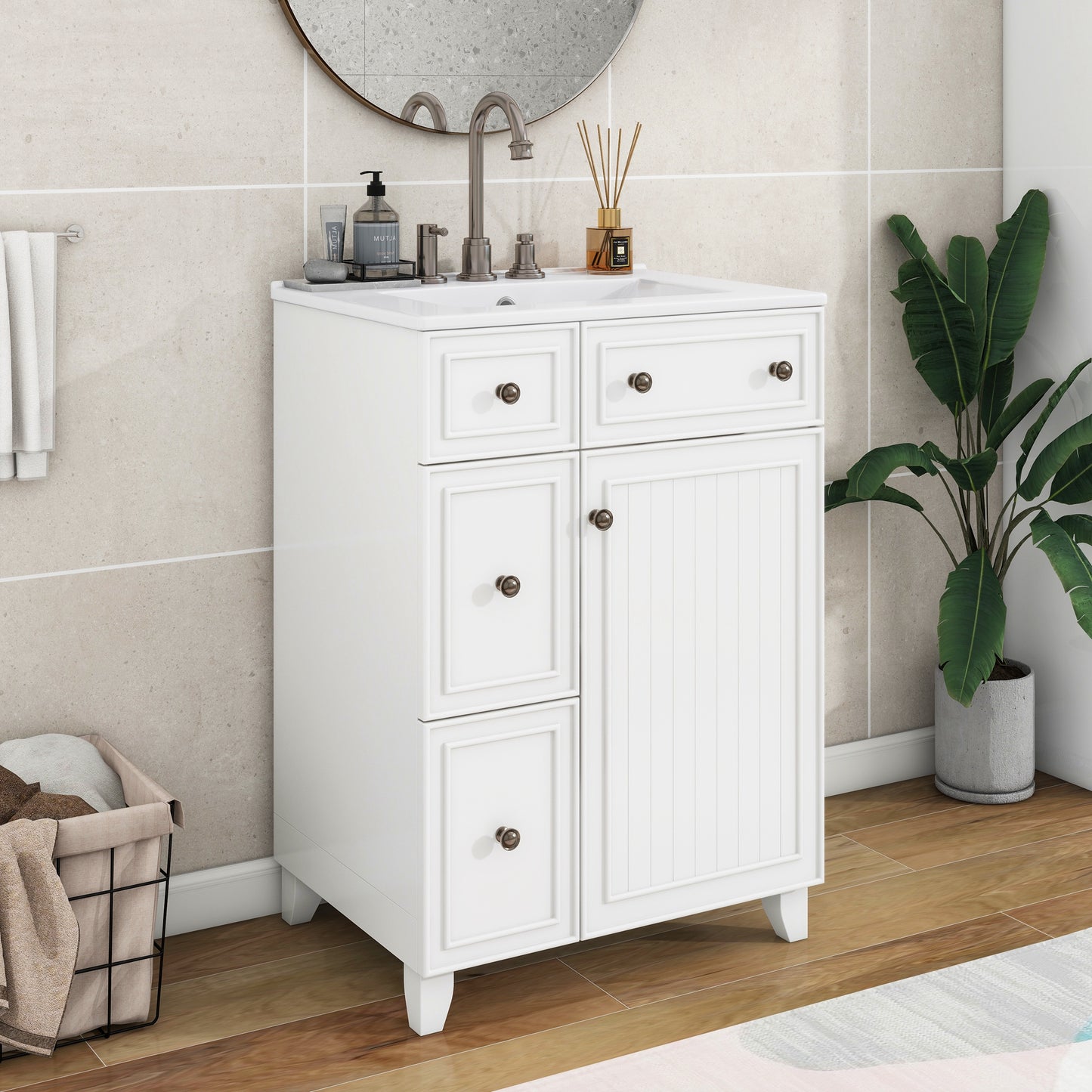 24-Inch Bathroom Vanity Cabinet With Ceramic Sink, 2 Drawers, 1 Door