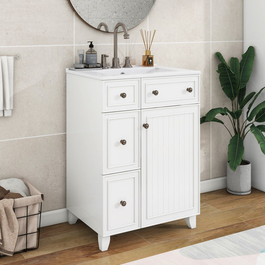 24-Inch Bathroom Vanity Cabinet With Ceramic Sink, 2 Drawers, 1 Door