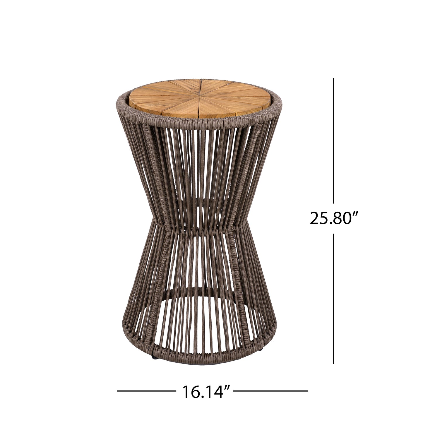 Outdoor Side Table, Dark Grey Rope And Acacia Wood, 25.80  Height, 16.14  Diameter, Elegant Long Hourglass Design, Weather Resistant, For Patio, Deck, Garden, Balcony, Modern Minimalist Style
