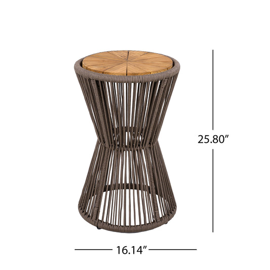 Outdoor Side Table, Dark Grey Rope And Acacia Wood, 25.80  Height, 16.14  Diameter, Elegant Long Hourglass Design, Weather Resistant, For Patio, Deck, Garden, Balcony, Modern Minimalist Style