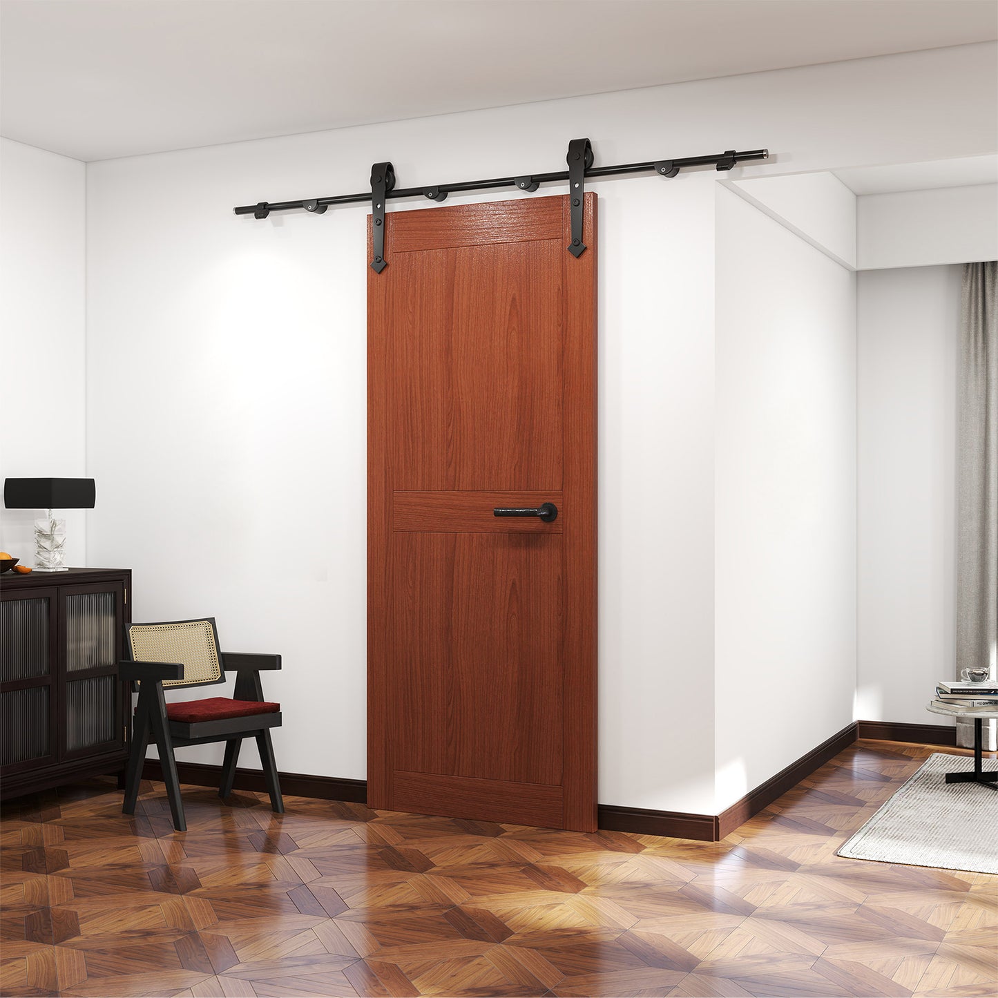 6FT Barn Door Hardware Kit Heavy Duty Sliding Door Track Kit With Floor Guide For Interior Exterior Fit 30-32in Wide Panel Sword Style J Shape Hanger