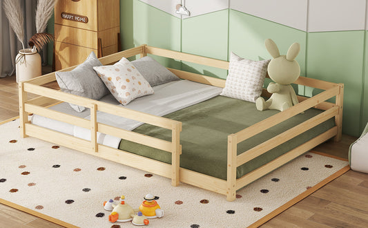 Full Size Floor Bed, Montessori Floor Bed With Fence, Kids Montessori Bed Full Size, Wood Montessori Floor Bed For Kids, Girls, Boys, Oak.
