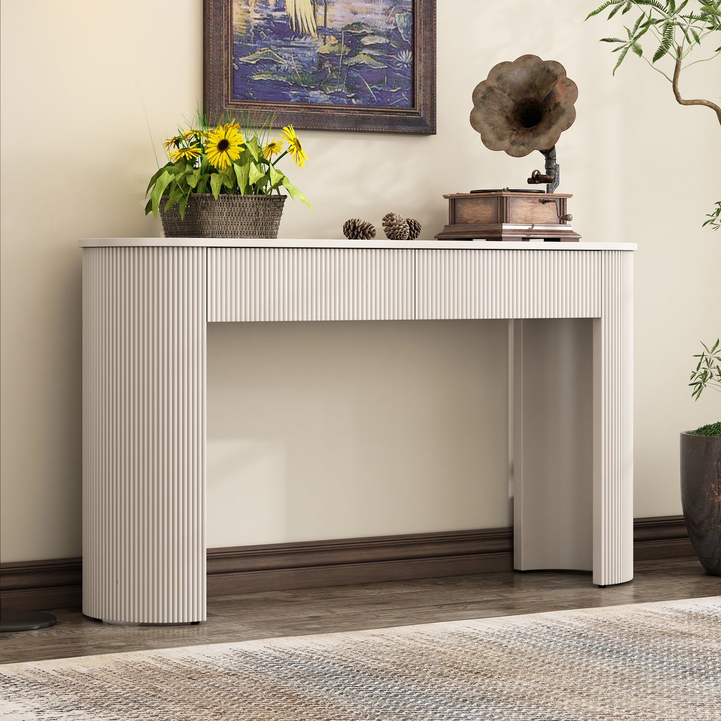 TREXM Entryway Table With Fluted Design  Modern Console Table With Storage  Oval Top And 2 Drawers For Entryway And Living Room  Champagne White