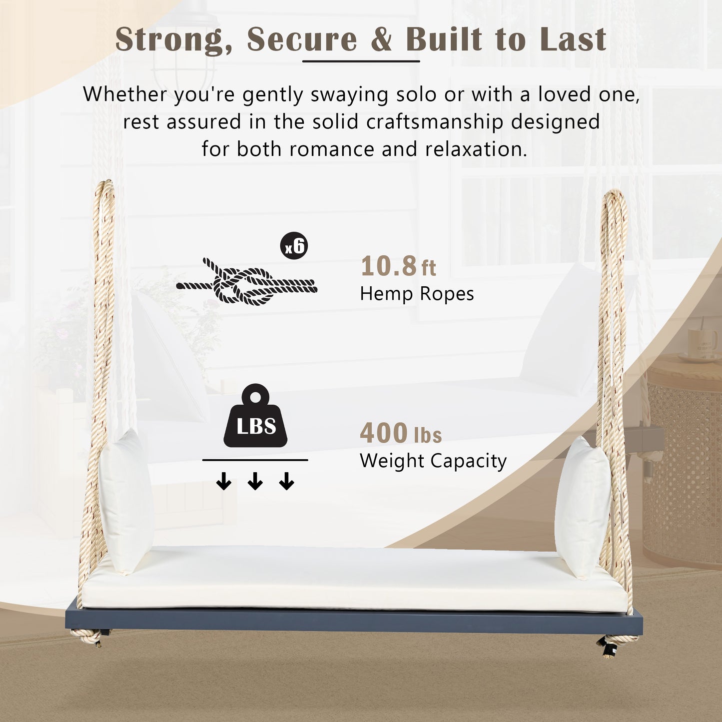 TOPMAx Patio Wooden Swing Chair  Hanging Porch Swing Bench With Cushion&Pillows  10.8Ft Hemp Ropes For Garden  Lawn Gray