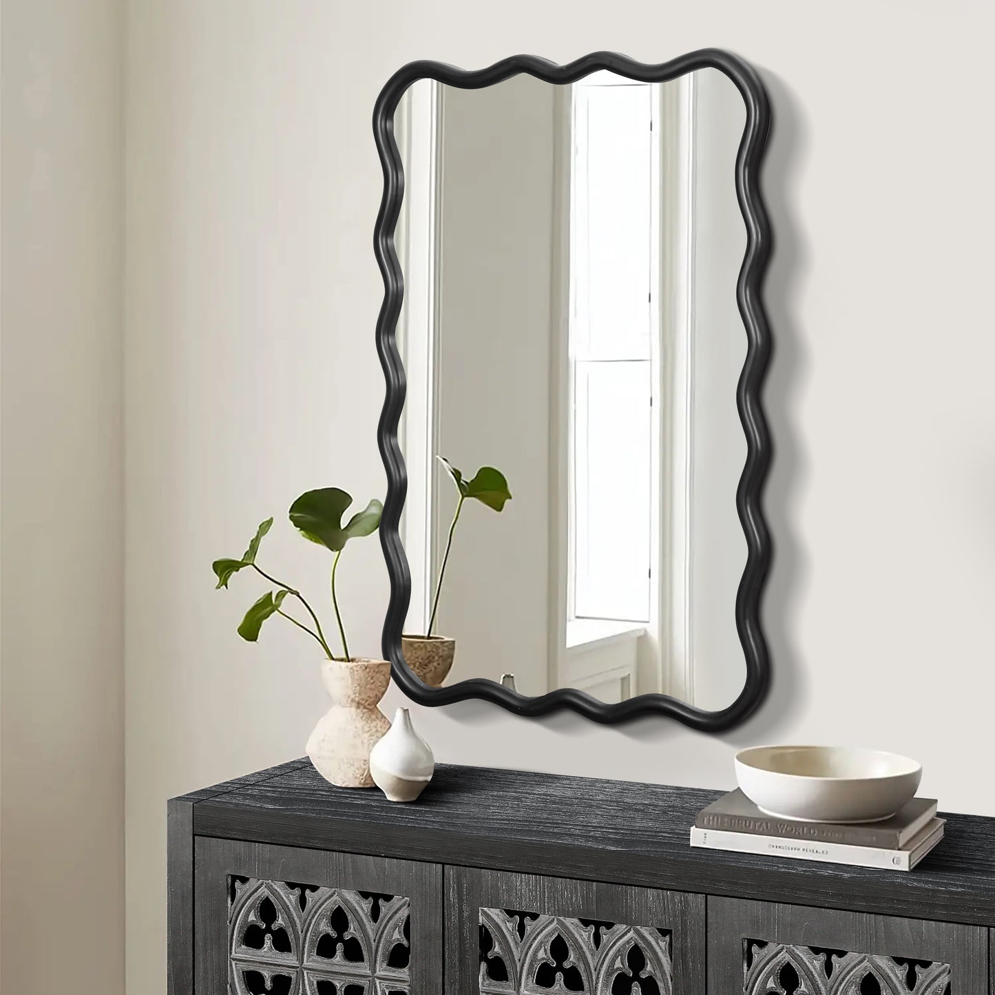 Solid Wood Wavy Rectangle Mirror-Black 40 X 28 Modern Mirror Wall Decor For Bathroom, Bedroom, Living Room, Dining Room, Cloakroom, Entryway