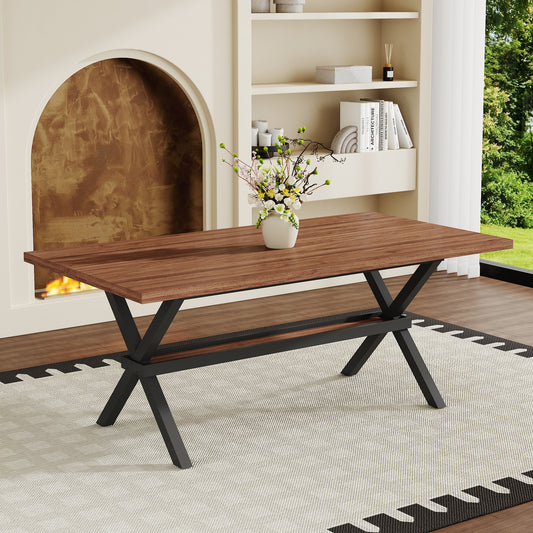 71 X35.4 Inch Walnut MDF Splicing Desktop With X-shaped Metal Frame Dining Table. Modern Industrial Style Multifunctional Dining Table For Household Dining, Suitable For 6-8 People.
