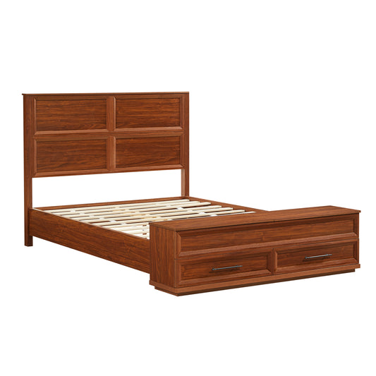 Queen Size Bed With 3D Geometric Headboard & Storage Bench - 4-Drawer Storage, Modern Bedroom Furniture, Walnut.
