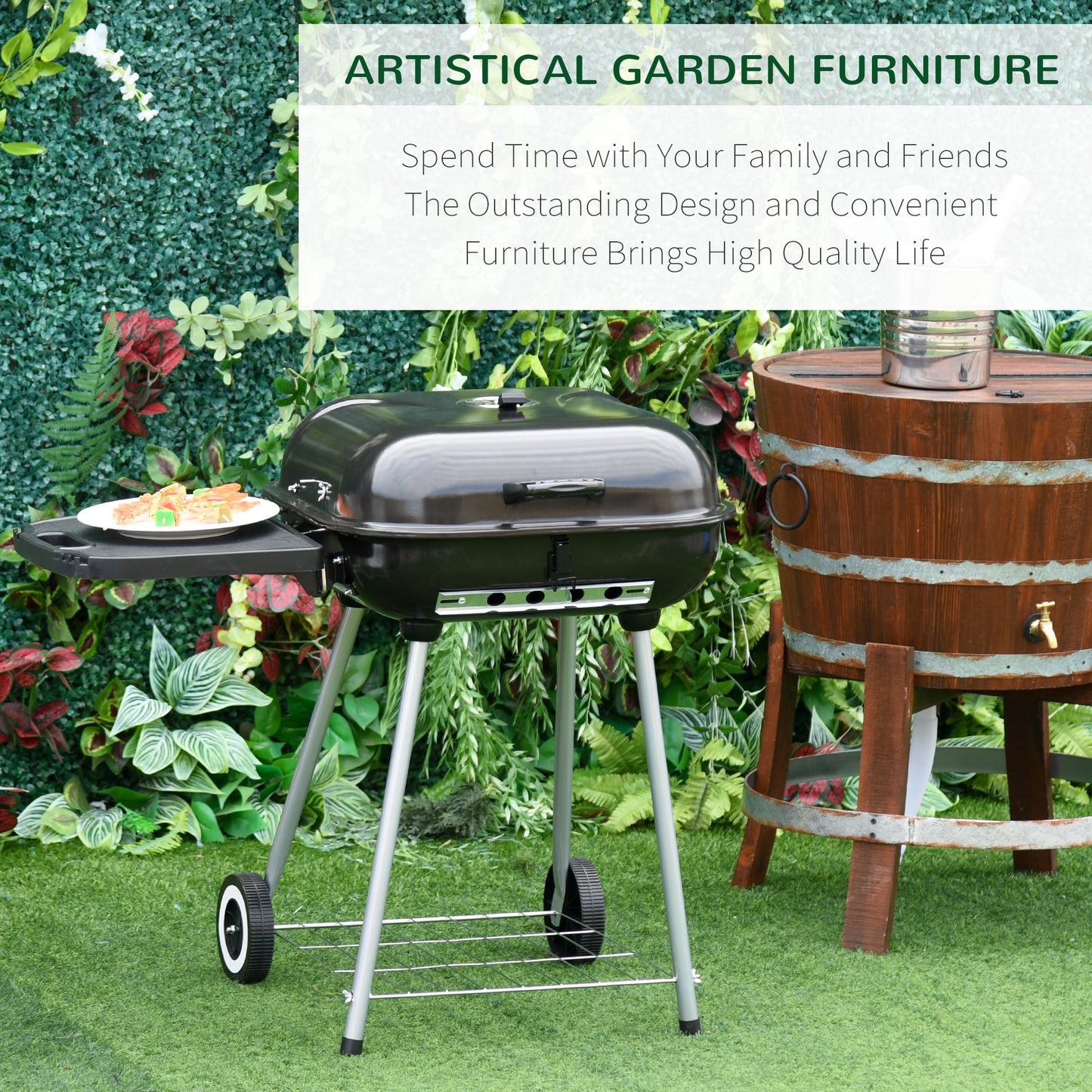 22" Charcoal Barbecue Grill With Portable Wheel, Side Tray And Lower Shelf For Outdoor BBQ For Garden, Backyard, Poolside