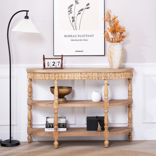 Handcrafted Wood Console Table With Hand-Woven Trim, 3-Tier Storage Shelves, Oval Entryway Table With Carved Legs, Rustic Coastal Farmhouse Accent Table, 49  Hallway Sofa Table