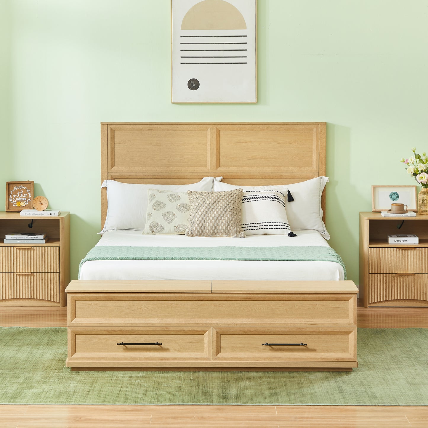 Queen Size Bed With 3D Geometric Headboard & Storage Bench - 4-Drawer Storage, Modern Bedroom Furniture,Oak.
