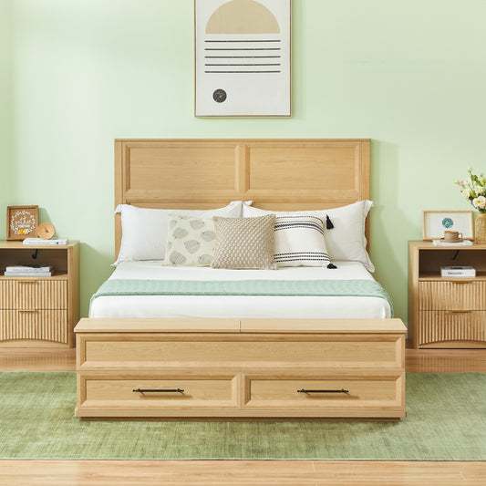 Queen Size Bed With 3D Geometric Headboard & Storage Bench - 4-Drawer Storage, Modern Bedroom Furniture,Oak.