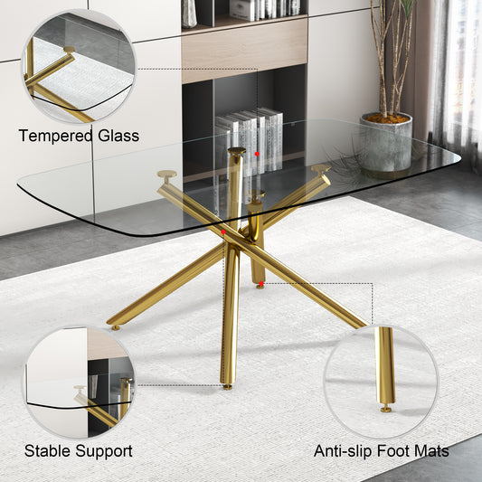 Large Modern Minimalist Rectangular Glass Dining Table With 0.39inTempered Glass Top And Gilded Metal Legs For Kitchen, Dining Room, Living Room, Meeting Room, Ballroom 71inX 35.4inX 30in.W1151S00840