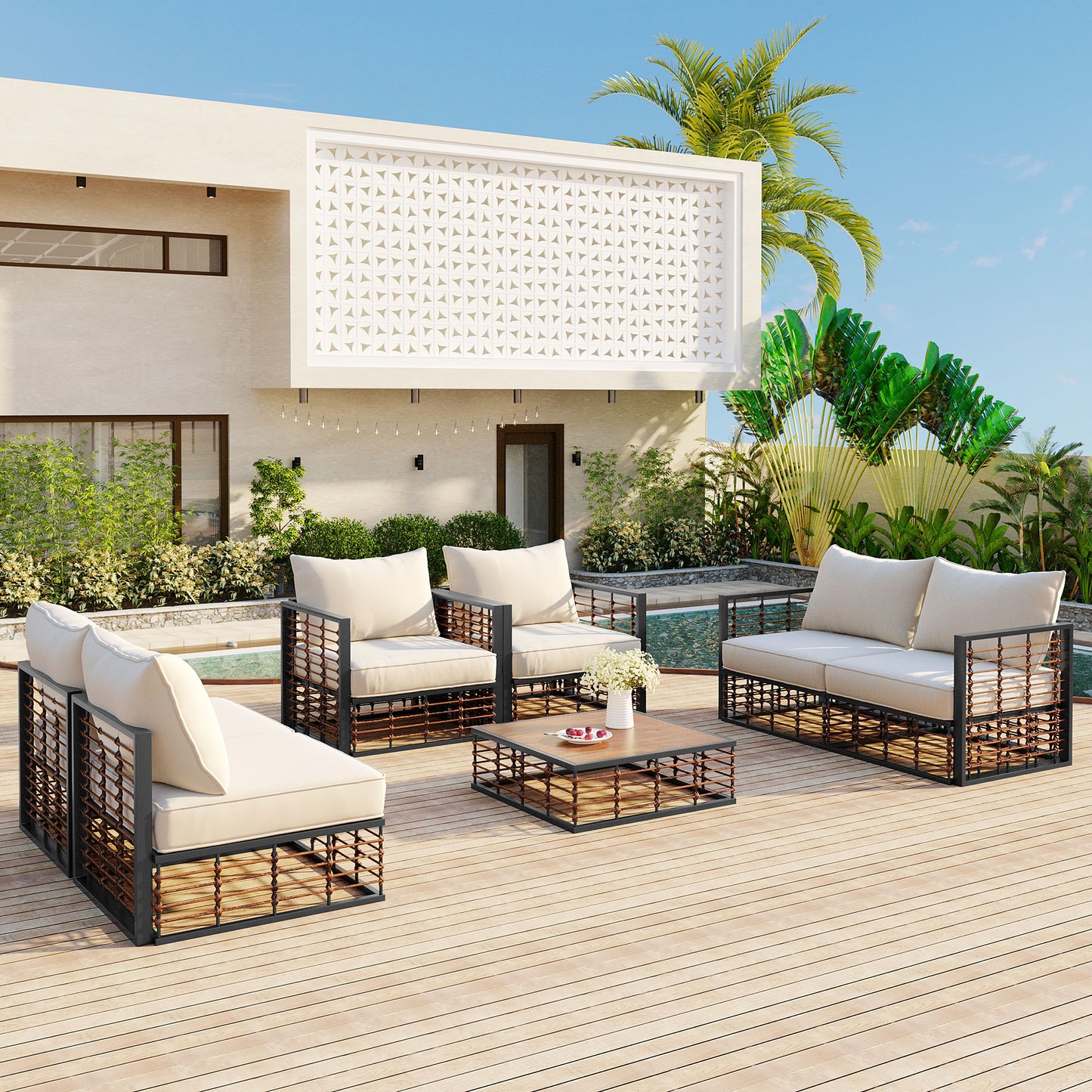 TOPMAX Modern Minimalist 7-Piece Metal Patio Sectional Sofa Set, All-Weather Garden Conversational Furniture Set With Thick Cushions And Coffee Table For Indoor Outdoor, Dark Grey