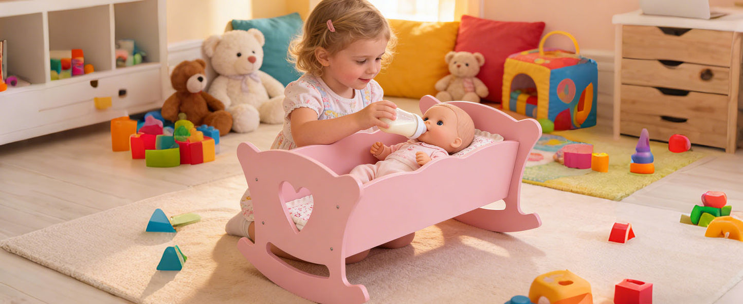 Wooden Cradle For 20 Inch Dolls Kids Role Play Easy Assembly Baby Doll Bed With Pillow Mattress Pink