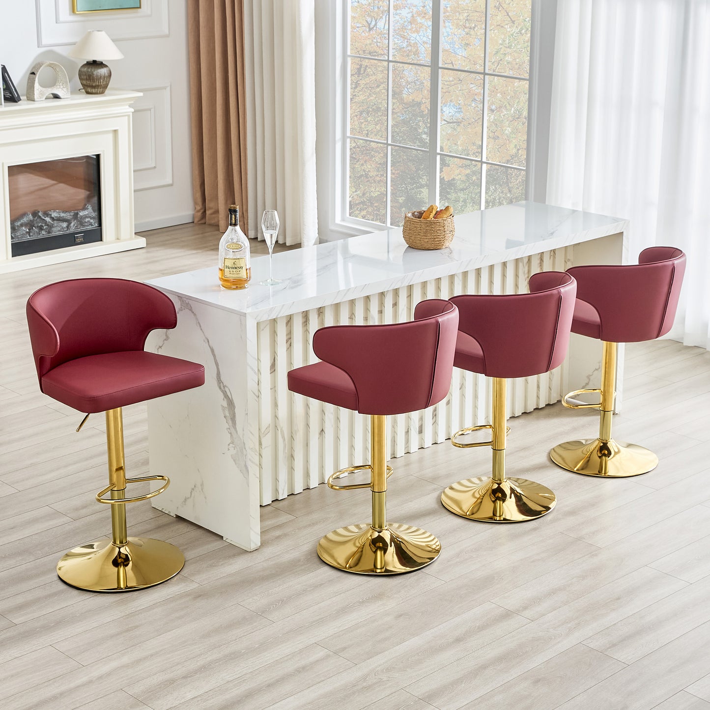 Modern Rotating Adjustable Bar Chair, PU Leather Belt Backrest Swivel Chair, Suitable For Kitchen Bar Counter And Dining Room, Adjustable Height, Capable Of Bearing 300 Pounds  Red -4 Pieces