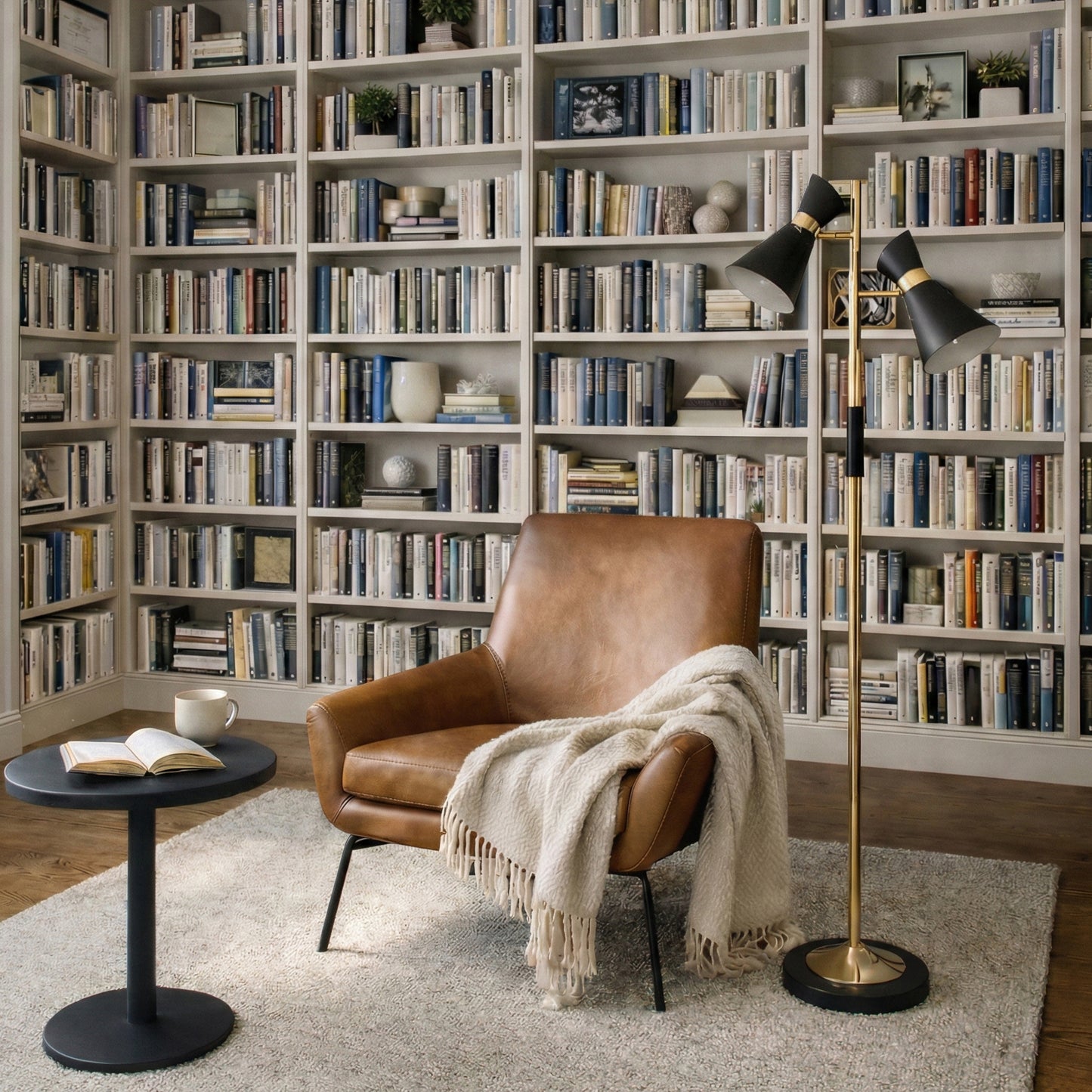 Axis Brassed Gold Floor Lamp With 4-Way  Double Spots With Metal Base