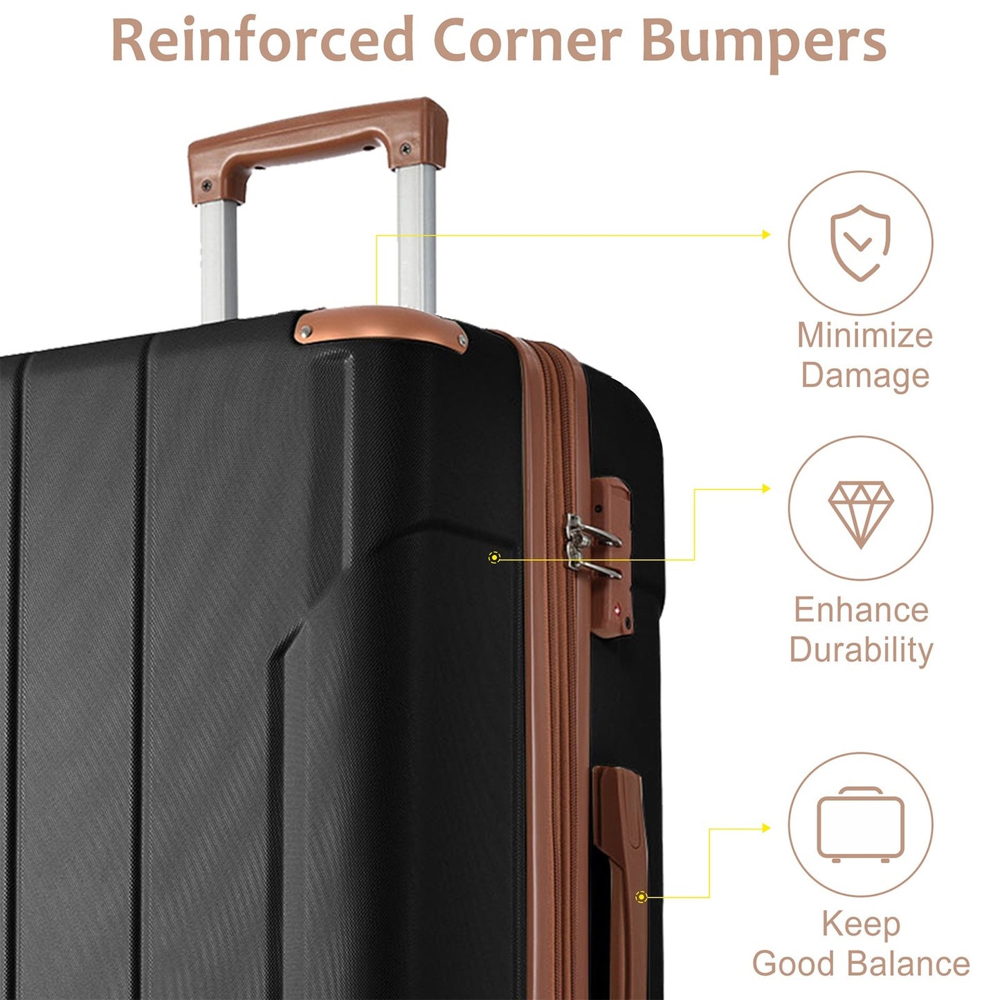 Luggage Sets 3 Piece, Expandable Hard Shell ABS Suitcases With Double Spinner, Travel Luggage Set With TSA Lock  20 24 28inch, Black Brown