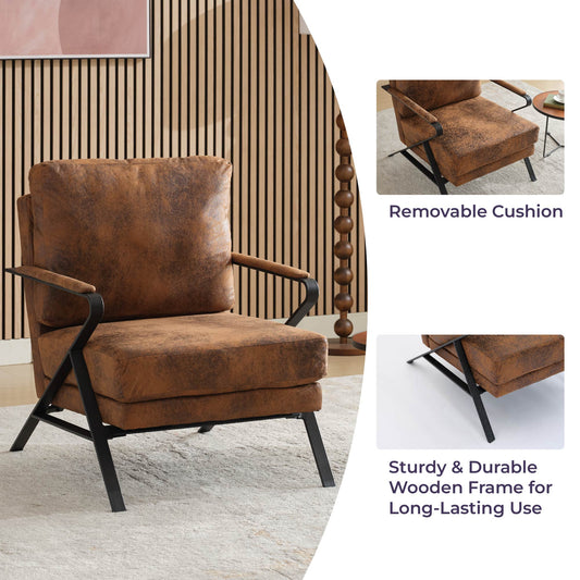 Mid-Century Modern Chair Upholstered Lounge Arm Chair With Iron Frame And Thicker Cushion For Living Room, Reading, Balcony,Brown