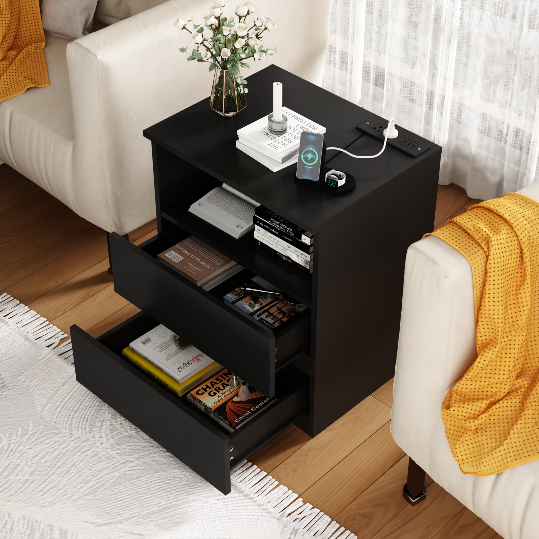 Set Of 2  End Table With Fast USB C Charging Station, Sofa Side Table With 2 Drawers, Large Storage Modern Wood Storage Cabinet For Living Room,Bedroom,Office, Black