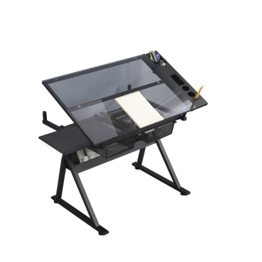 Drafting Table, 0-75 Adjustable Glass Top Artist Table  - Height Adjustable Drafting Desk With Large Storage For Painting & Crafting - Ideal For Designers And Art Students Black