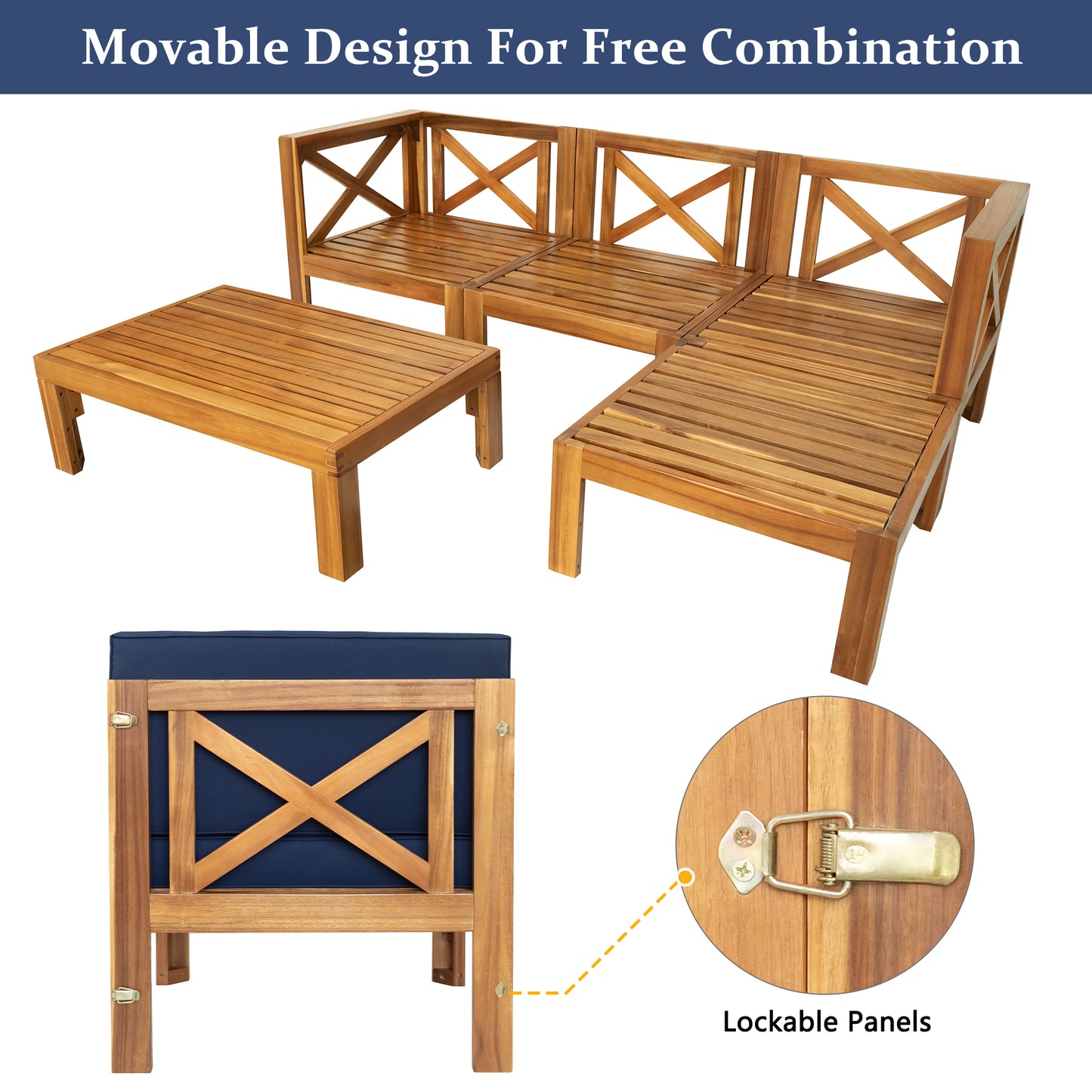 TOPMAX Outdoor  Patio Wood 5-Piece Sectional Sofa Seating Group Set With Cushions, Natural Finish  Blue Cushions