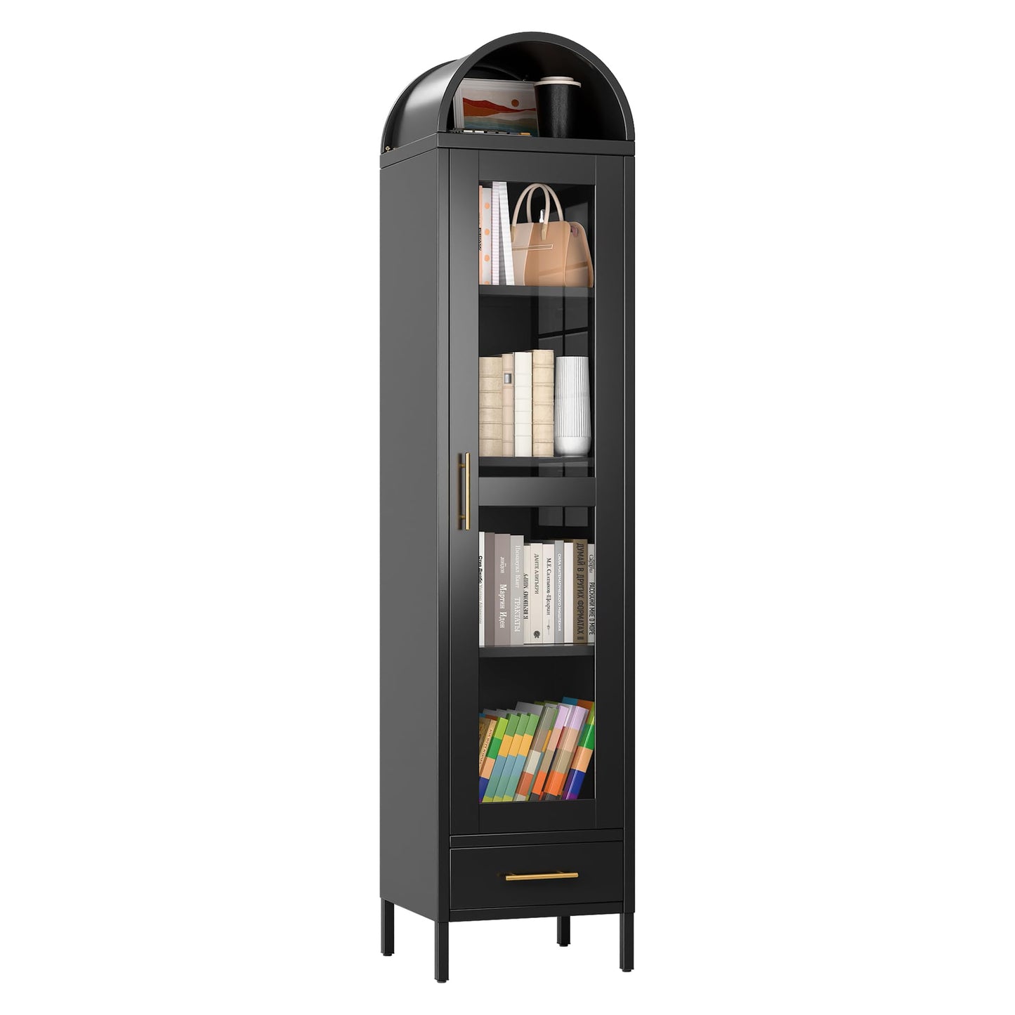 73''H Metal Arched Bookcase Cabinet, Arch Display Storage Cabinet With Glass Doors & Shelves And 1Drawer For Living Room, Kitchens,Office, Black, Assembly Required