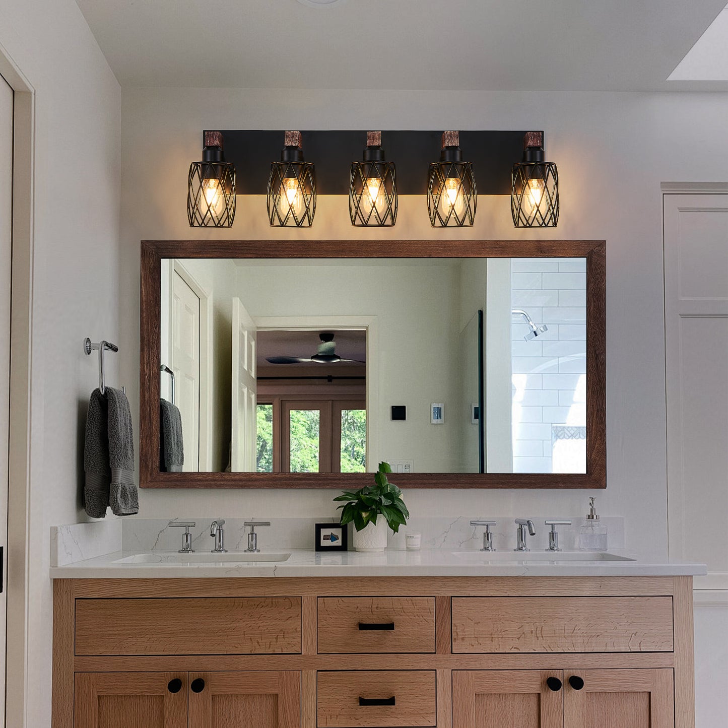 31  Industrial Vintage 5-Light Wall Sconce - Black Cage Wall Lighting Fixture With Wooden Accents For Bathroom, Hallway, Or Living Room Bulb Not Included