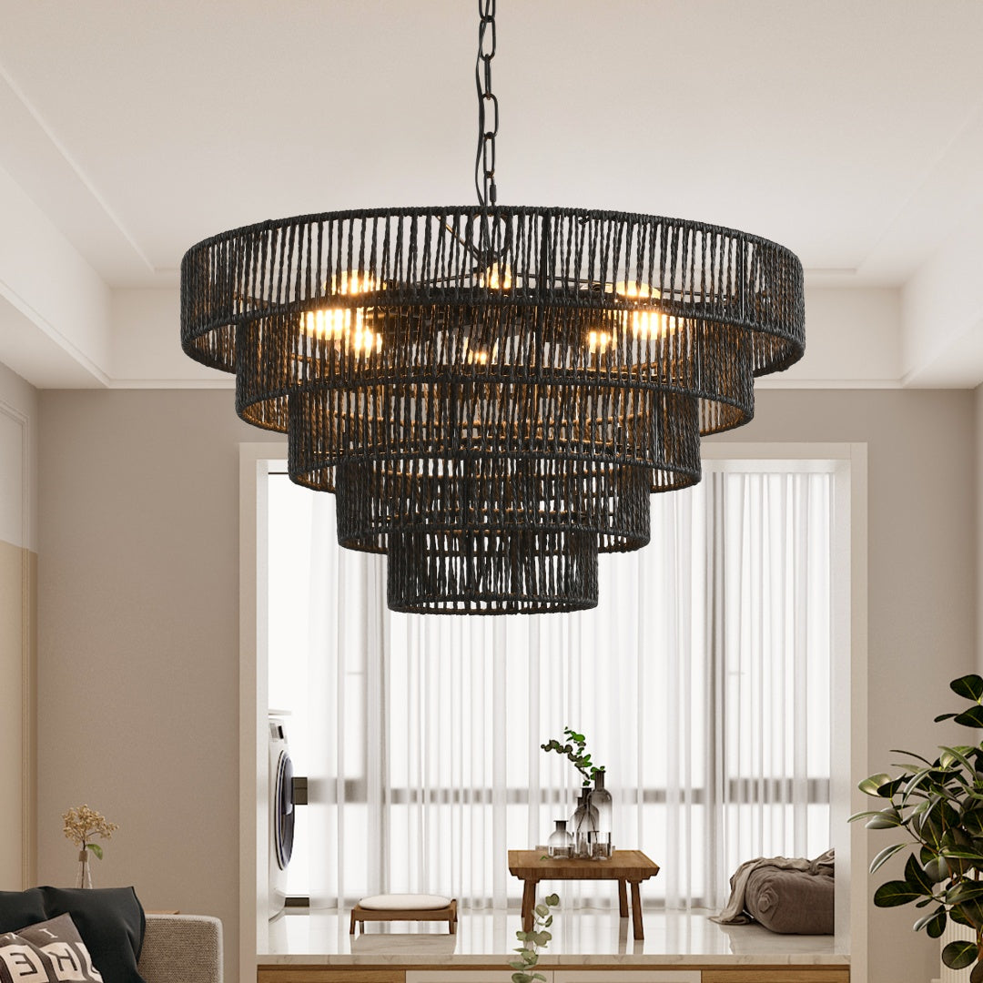 24 Rustic 5-Tier Black Hemp Rope Pendant Light Chandelier With 8 E12 Sockets, Boho Farmhouse Ceiling Fixture For Dining Room, Kitchen, Or Entryway  Bulb Not Included