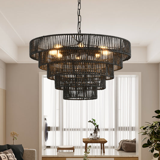 24 Rustic 5-Tier Black Hemp Rope Pendant Light Chandelier With 8 E12 Sockets, Boho Farmhouse Ceiling Fixture For Dining Room, Kitchen, Or Entryway  Bulb Not Included