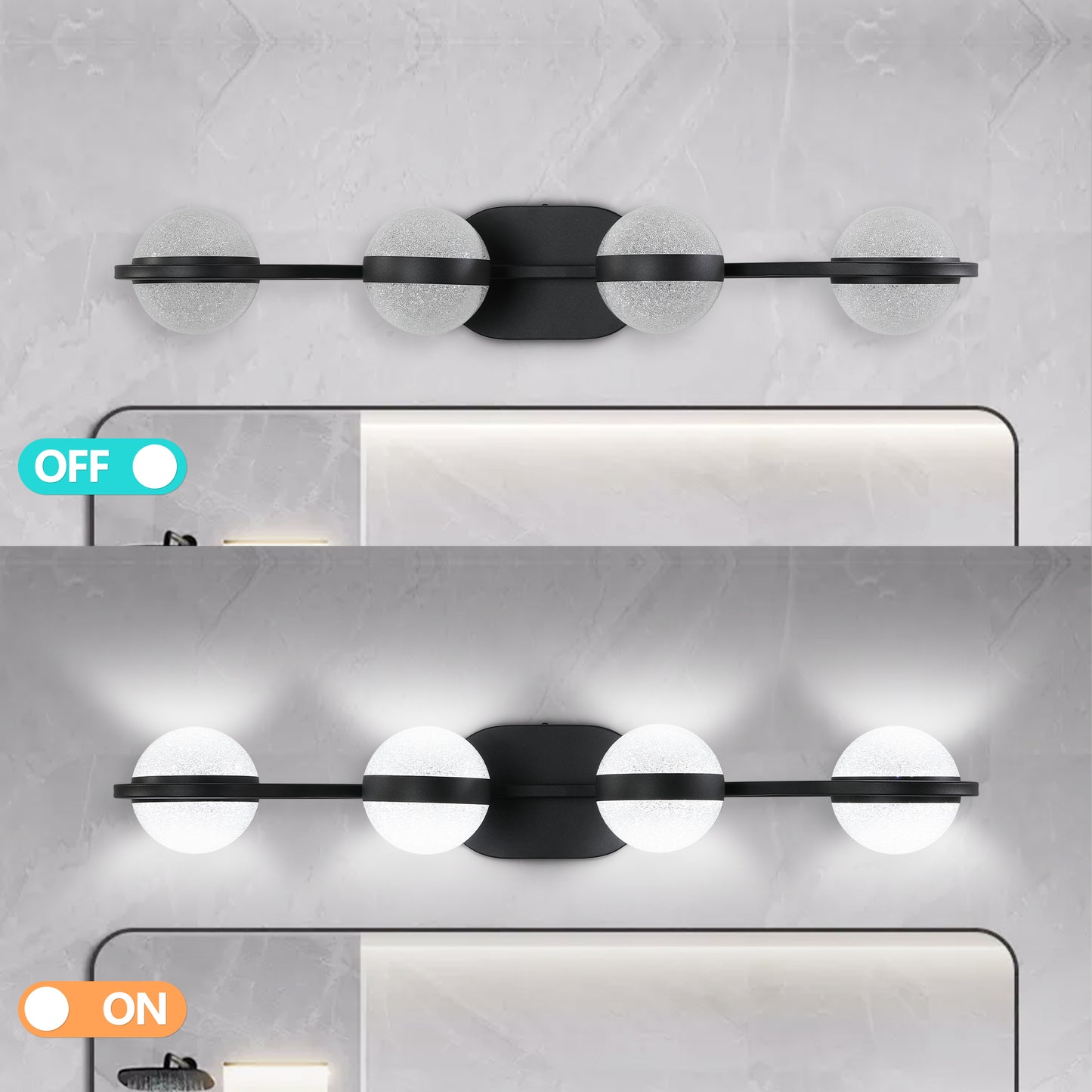 30in Black Minimalist LED Bathroom Vanity Light With Crystal Sand Acrylic Shades, 4-Light Wall Mounted Decorative Lighting Fixture, Suitable For Bathroom Vanity Mirror