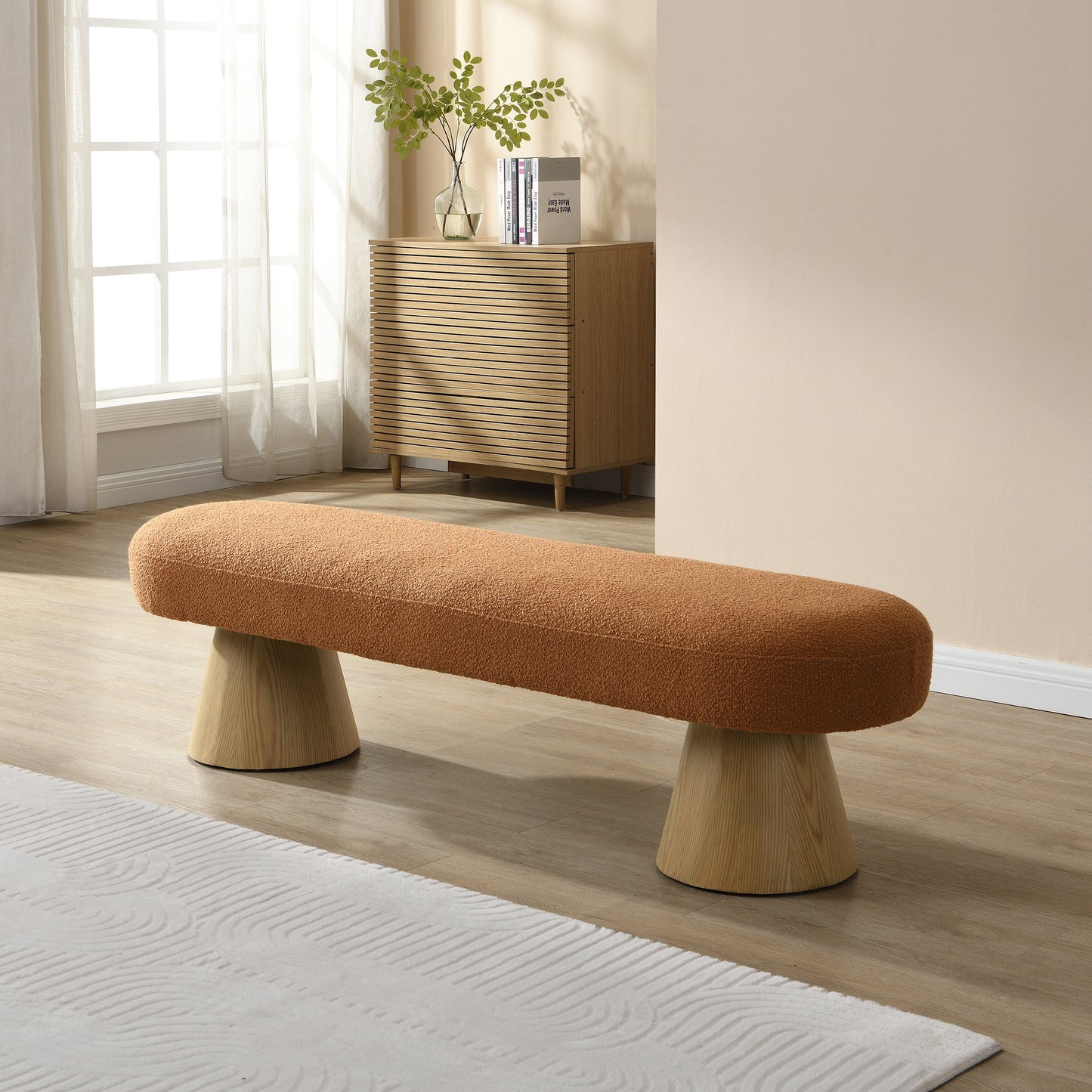 Dining Bench For Dining Room, Upholstered Bedroom End Of Bed Entryway Bench, Boucle Ottoman For Living Room, 64 L Orange Stool Top, 300 LBS Weight Capacity