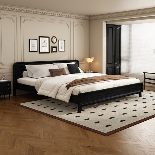 PINE SOLID WOOD KING SIZE BED, SOLID AND STABLE, NO BOX SPRING NEEDED, BLACK COLOR
