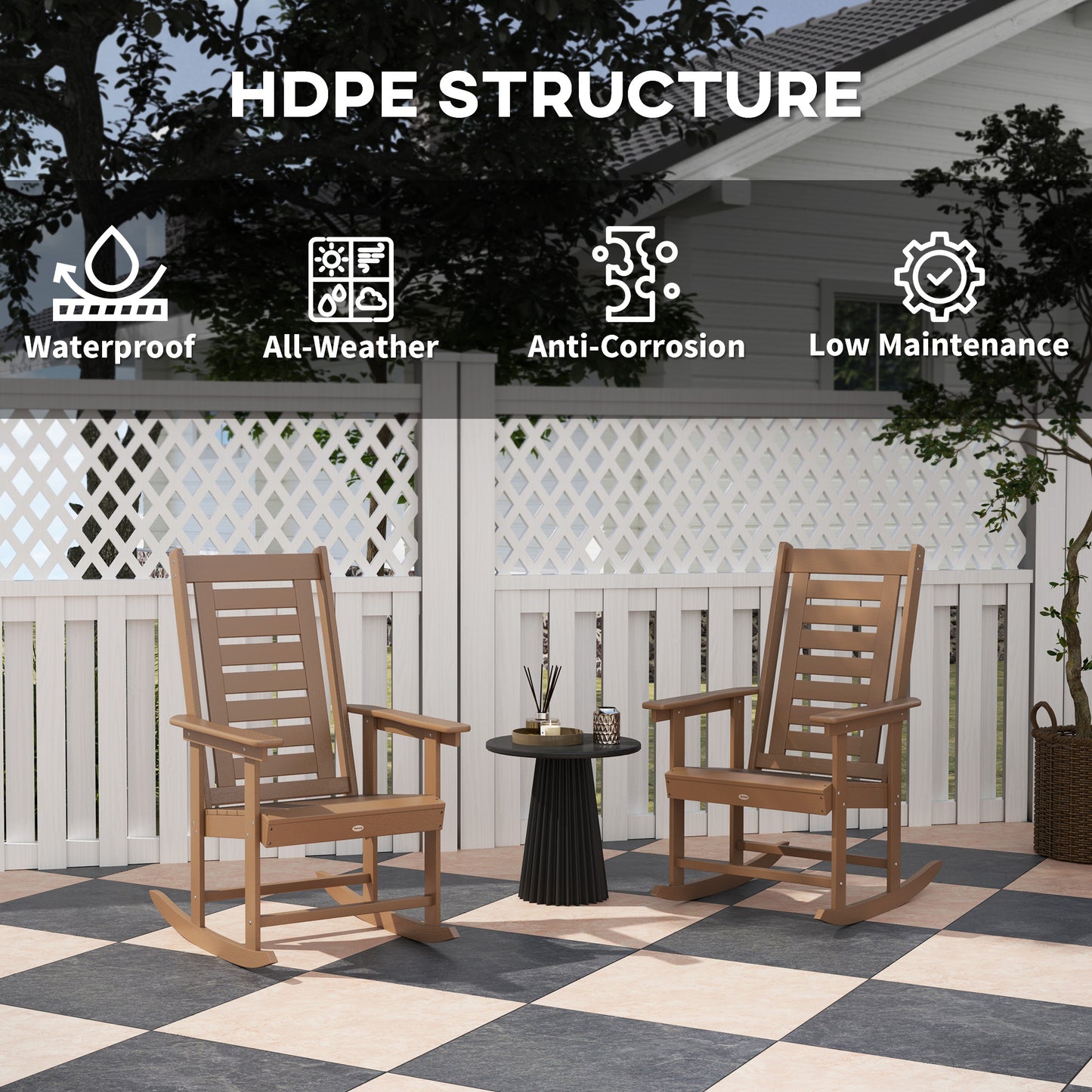 2 Pieces Outdoor Rocking Chairs, HDPE Patio Rockers With 28" High Back, Wide Armrests For Porch Backyard, Brown