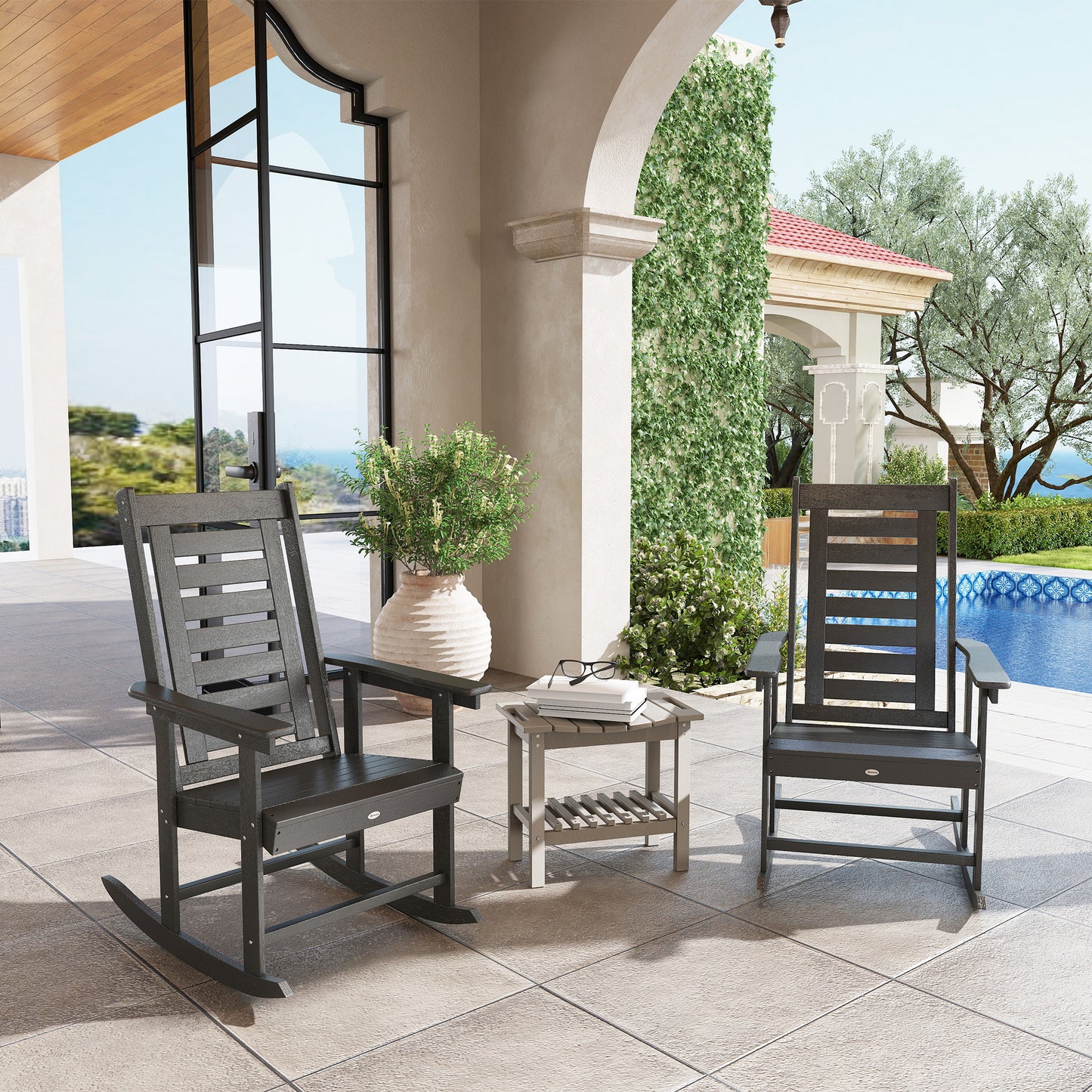 2 Pieces Outdoor Rocking Chairs, HDPE Patio Rockers With 28" High Back, Wide Armrests For Porch Backyard, Dark Gray