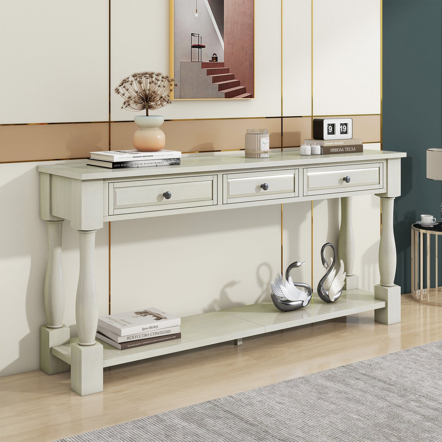 TREXM Console Table 63 Long Console Table With Drawers And Shelf For Entryway  Hallway  Living Room  Antique White